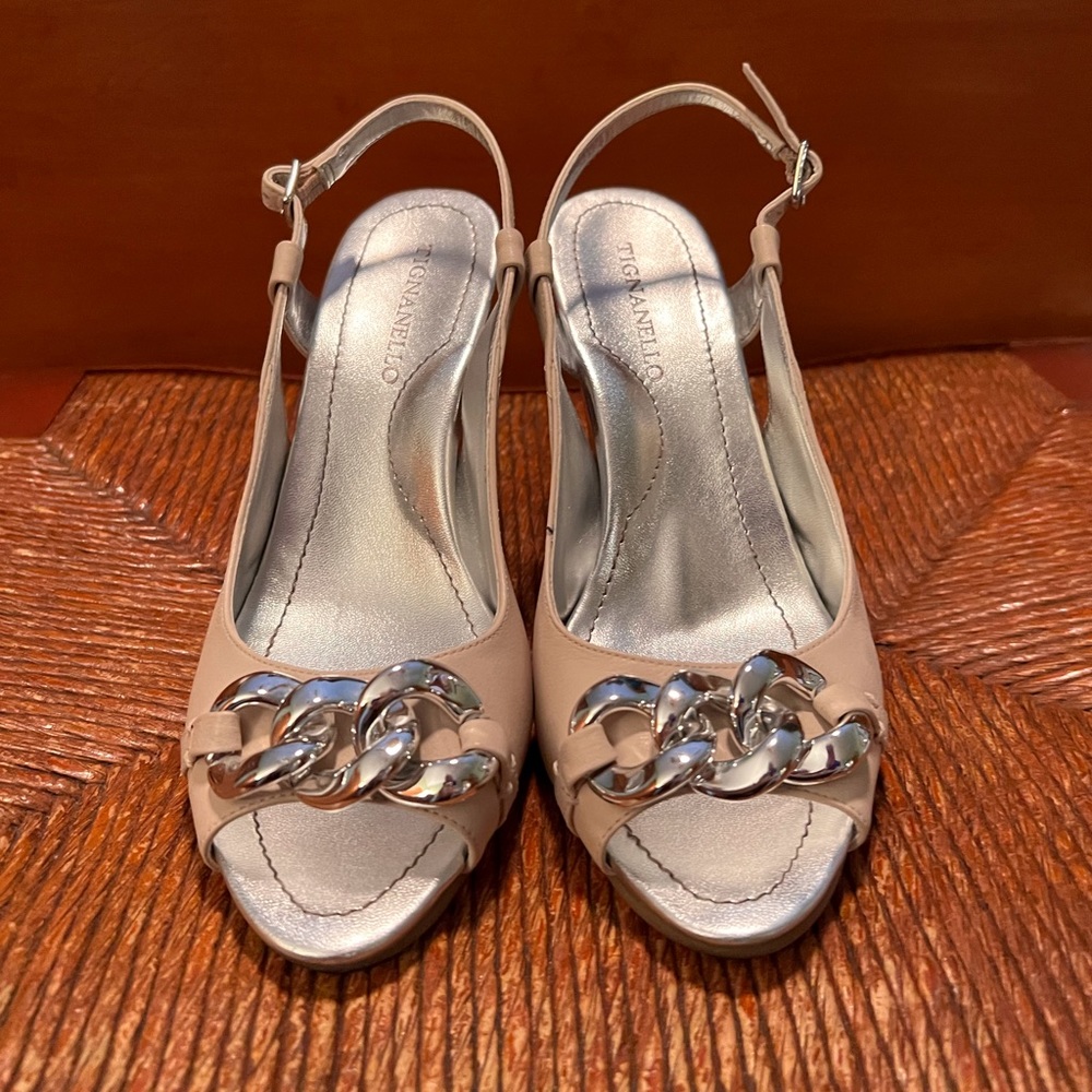 Tignanello open toe, sling back wedge heels. Size 8.5